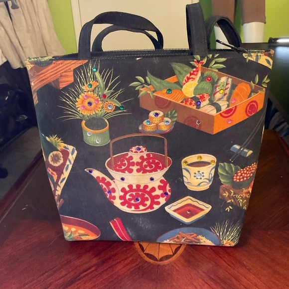 Handbags - Black shoulder Bag with Sushi Graphics.